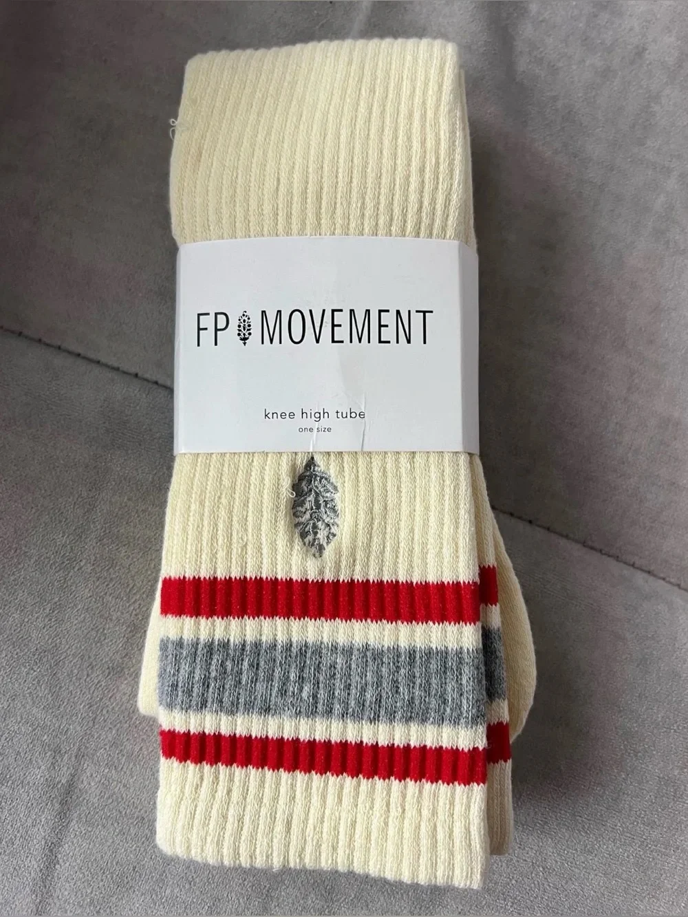 Free People FP Movement Knee High  Logo Stripe Socks in Ivory NWT